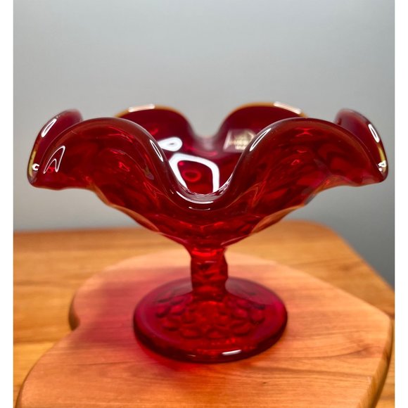 Vintage Viking Ruby Red Georgian Honey Comb 6.5" Ruffled Footed Bowl/Compote, Sh - Picture 7 of 10